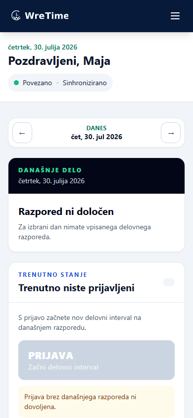 Dejanski mobilni pogled nadzorne plošče zaposlenega v aplikaciji WreTime